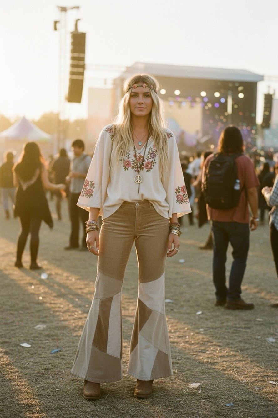 Vintage Y2K Zana Di 9 Tan Beige Corduroy Patchwork Flare Pants Hippie Festival